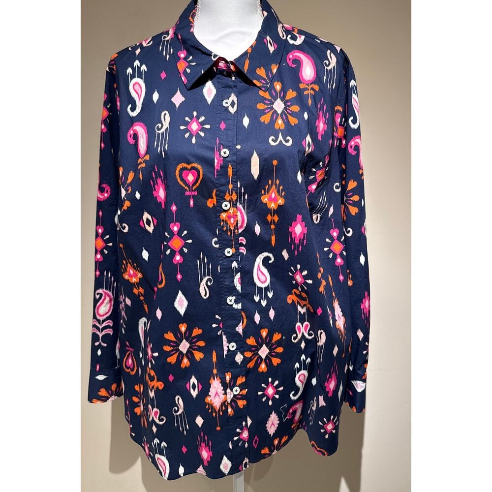 Talbots Navy Orange and Pink Long Sleeve Button‎ Down Shirt 100% Cotton Size 2X